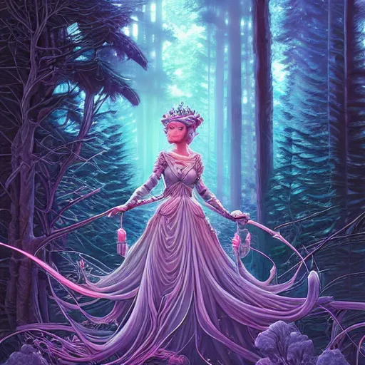 Prompt: ethereal cybernetic princess in the trees, extremely detailed, sharp focus, wide view, full body shot, smooth, digital illustration, by lisa perrin!!!!, dan mumford, james jean, by rossdraws, frank franzzeta, sakimichan