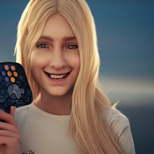 Prompt: close up of beautiful scandinavian female smiling holding xbox one s to face, stunning eyes, long blonde hair, disney pixar weta, hi - fructose, decadent highly - detailed digital painting, golden ratio, octane render, artstation, cinematic composition, smooth, sharp focus