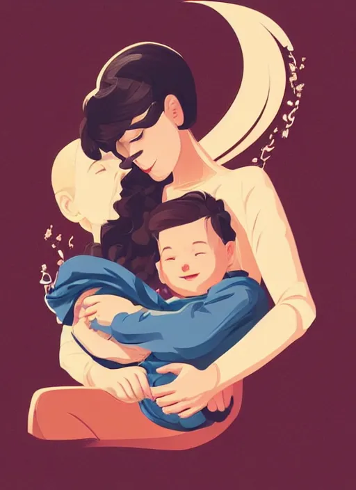 Image similar to a mother with short wavy curly light brown hair is sitting in a chair cradling a newborn baby. clean cel shaded vector art. shutterstock. behance hd by lois van baarle, artgerm, helen huang, by makoto shinkai and ilya kuvshinov, rossdraws, illustration, art by ilya kuvshinov