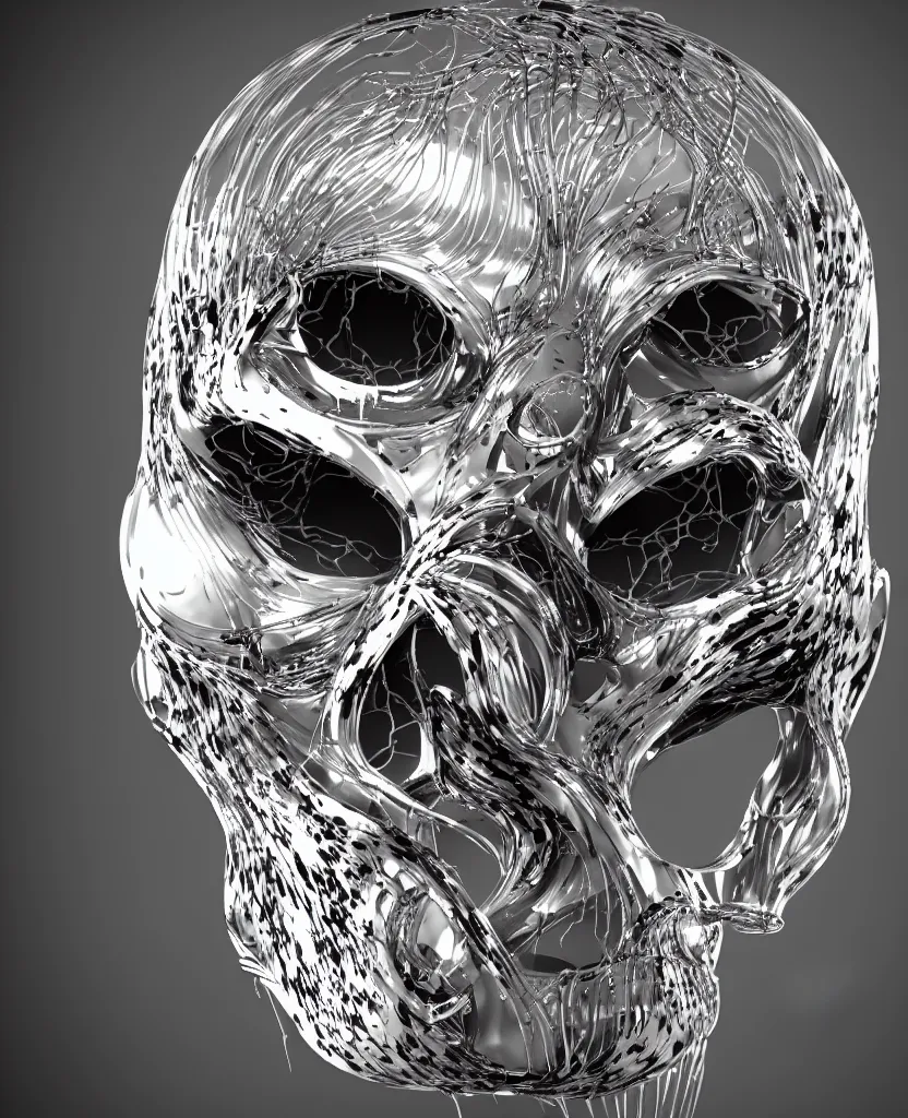 Prompt: close-up macro portrait of the face of a beautiful princess in a skull chrome mask, epic angle and pose, symmetrical artwork, 3d with depth of field, blurred background, cybernetic jellyfish female face skull phoenix bird, translucent, nautilus, energy flows of water and fire. a highly detailed epic cinematic concept art CG render. made in Maya, Blender and Photoshop, octane render, excellent composition, cinematic dystopian brutalist atmosphere, dynamic dramatic cinematic lighting, aesthetic, very inspirational, arthouse. y Greg Rutkowski, Ilya Kuvshinov, WLOP, Stanley Artgerm Lau, Ruan Jia and Fenghua Zhong