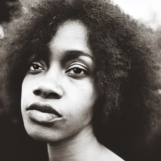 Prompt: portrait, extreme close up, sepia, beautiful light - skin woman, afro hair, stares at the camera, night sky, stars, bruce gilden, leica s, fuji 8 0 0, grainy, low light