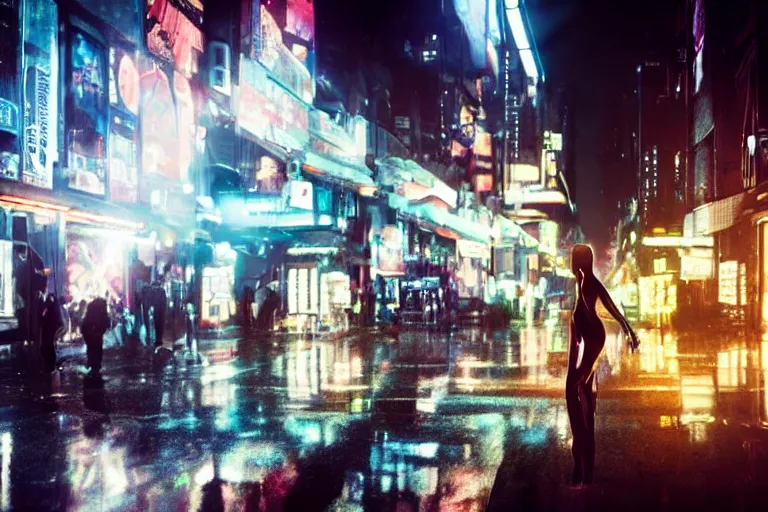 Image similar to VFX movie portrait closeup beautiful blade runner giant hologram woman glowing translucent skin, natural night street lighting in the city alley by Emmanuel Lubezki