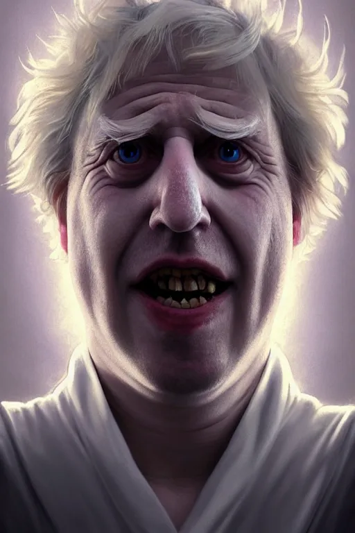 Prompt: Boris Johnson as Rick Sanchez, unibrow, white robe, big eyes, 3d octane render, symmetrical, highly detailed, digital painting, artstation, concept art, smooth, sharp focus, illustration, cinematic lighting, art by artgerm and greg rutkowski and alphonse mucha