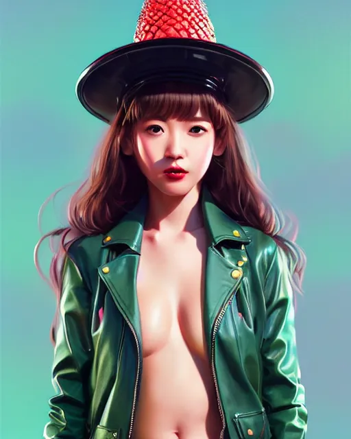 Image similar to pineapple girl wearing a candy hat and leather jacket, fine detail!! anime!! realistic shaded lighting!!, kim hyun joo, digital painting by ilya kuvshinov, magali villeneuve, artgerm, jeremy lipkin and michael garmash and rob rey