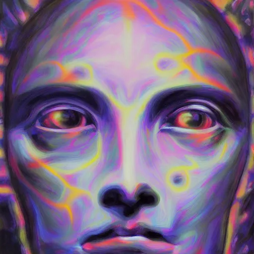 Prompt: consciousness emerging in a large language model artificial intelligence. realistic painting