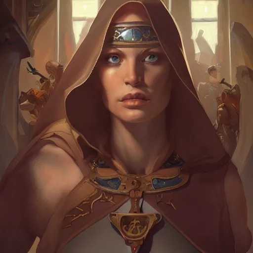 Image similar to muscular female nun, deep focus, d & d, fantasy, intricate, elegant, highly detailed, digital painting, artstation, concept art, matte, sharp focus, illustration, hearthstone, art by artgerm and greg rutkowski and alphonse mucha