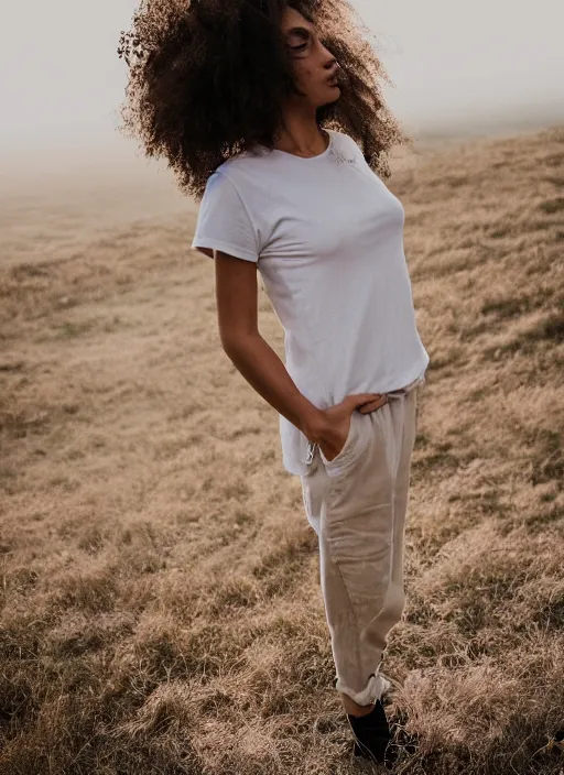 Image similar to a woman, in nature, backlit, wearing pants and a t-shirt, backlit, photo by Marat Safin, Canon EOS R3, f/1.4, ISO 200, 1/160s, 8K, RAW, unedited, symmetrical balance, in-frame