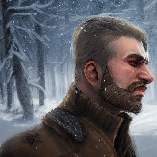 Image similar to A comic book style portrait painting of a male sheriff in a a post apocalyptic winter landscape, unreal 5, DAZ, hyperrealistic, octane render, RPG portrait, ambient light, dynamic lighting