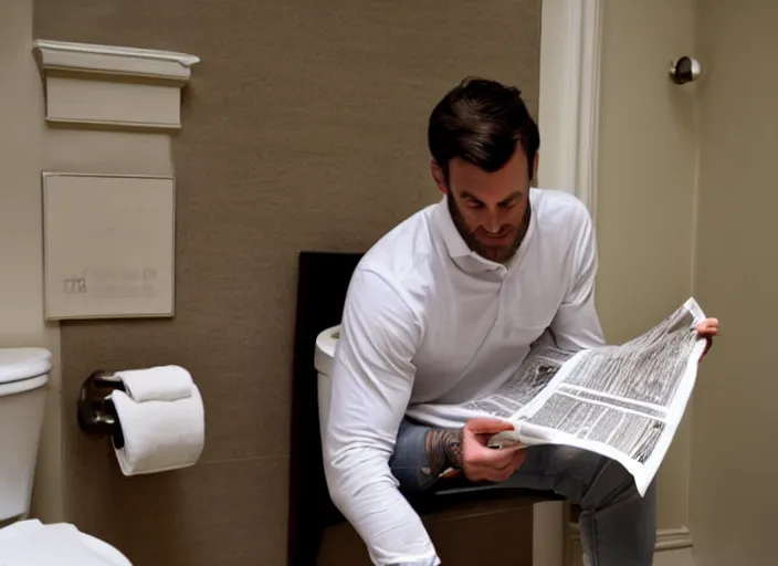 Image similar to chris long reading a newspaper on a toilet