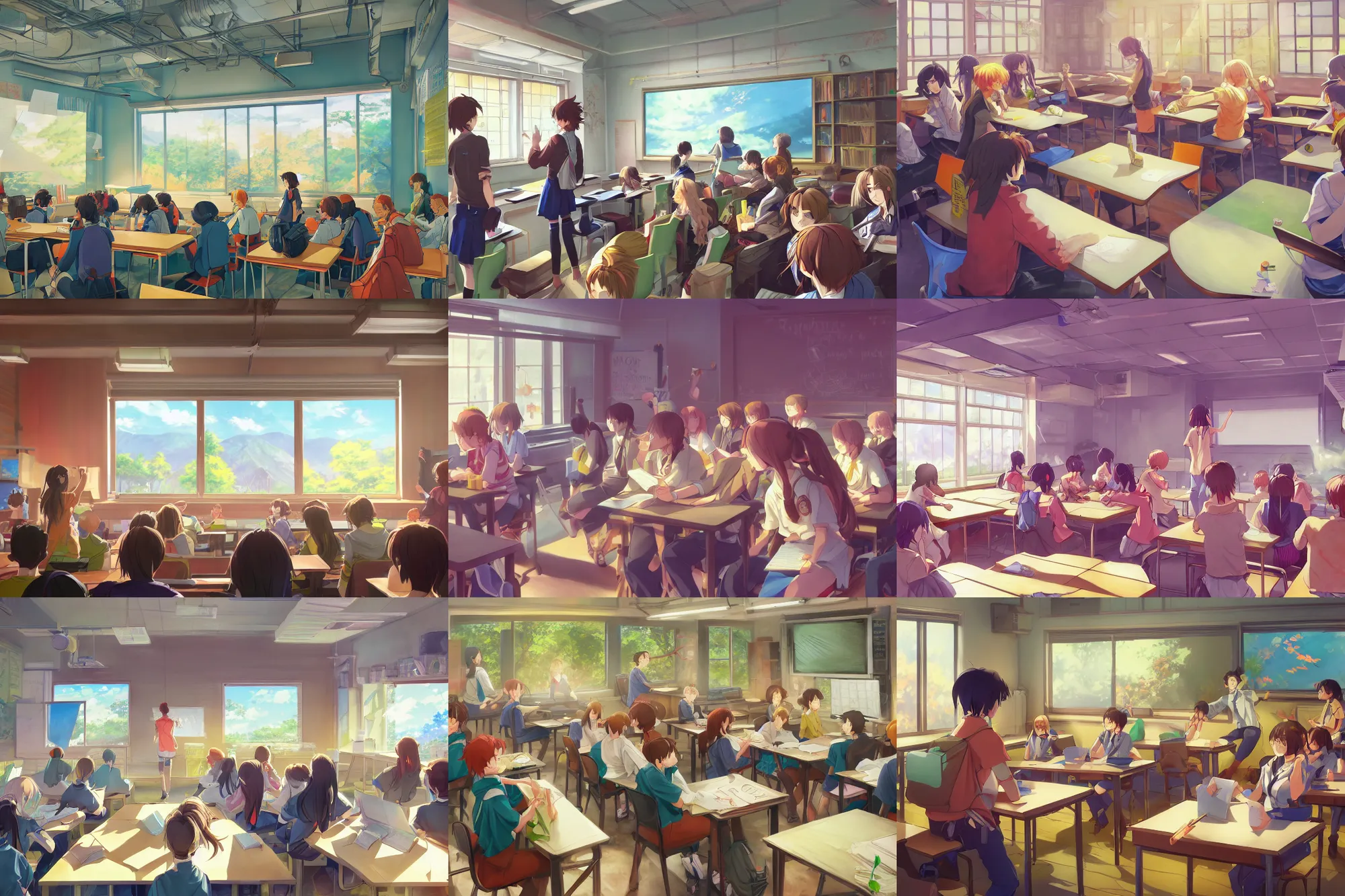 Prompt: high school classroom scene spring setting, expert high detail concept art, vivid colors, sharp focus, realistic shaded lighting poster, high definition, detailed features, makoto shinkai, loish art style, trending on art station, best selling artist