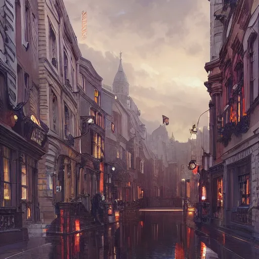 Image similar to Dublin city Ireland, intricate, elegant, highly detailed, digital painting, artstation, concept art, smooth, sharp focus, illustration, art by artgerm and greg rutkowski and alphonse mucha