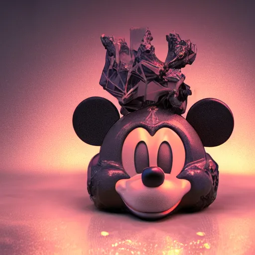 Image similar to mickey mouse head, fractal, broken, wet, mycelium, radiant alien, rococo, baroque, automotive, bio-mechanical, porcelain, iridescent sub surface scattering, octane render