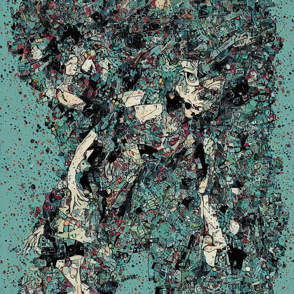 Image similar to girl figure, abstract, jet set radio artwork, ryuta ueda artwork, cryptic, rips, spots, asymmetry, stipple, lines, glitches, color tearing, pitch bending, stripes, dark, ominous, eerie, hearts, minimal, points, otomo katsuhiro artwork, technical, natsumi mukai artwrok, folds