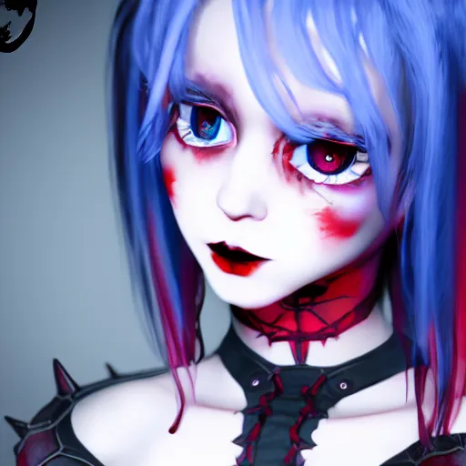 Image similar to Render of a beautiful 3d remilia scarlet, blue hair, red eyes, full round face, soft smile, gothic clothing, spooky setting, medium shot, mid-shot, hyperdetailed, trending on Artstation, Unreal Engine 4k