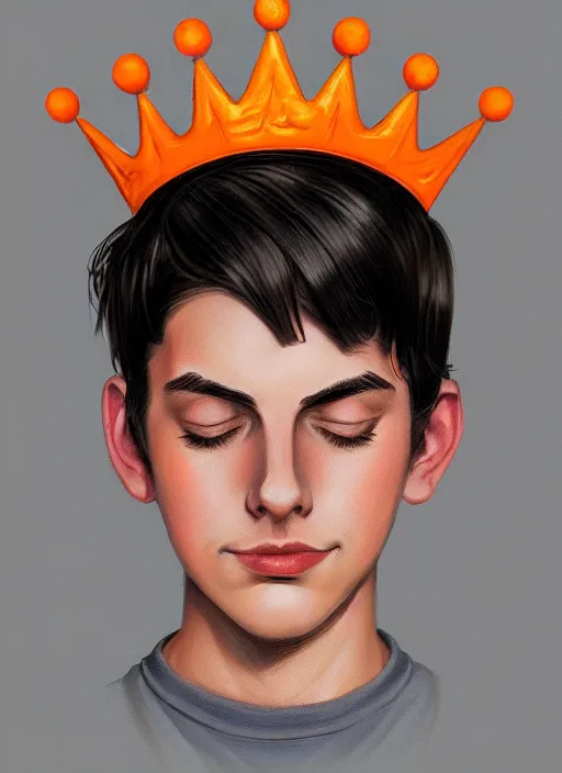 Image similar to portrait of teenage jughead jones wearing a light grey crown, crown, hamburger background, eyes closed, crown, black hair, orange, intricate, elegant, glowing lights, warm lighting, highly detailed, digital painting, artstation, concept art, smooth, sharp focus, illustration, art by wlop, mars ravelo and greg rutkowski