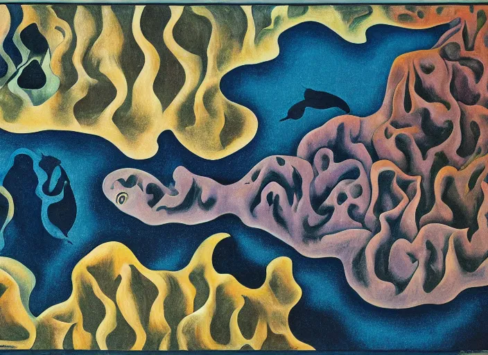 Image similar to an underwater landscape painted by georgia o'keeffe, mc escher, gordon onslow ford and ippolito caffi,