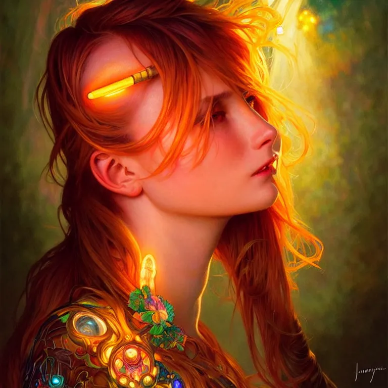 Image similar to bright asthetic portrait LSD glowing backlit, fantasy, intricate, elegant, dramatic lighting, highly detailed, lifelike, photorealistic, digital painting, artstation, illustration, concept art, smooth, sharp focus, art by John Collier and Albert Aublet and Krenz Cushart and Artem Demura and Alphonse Mucha