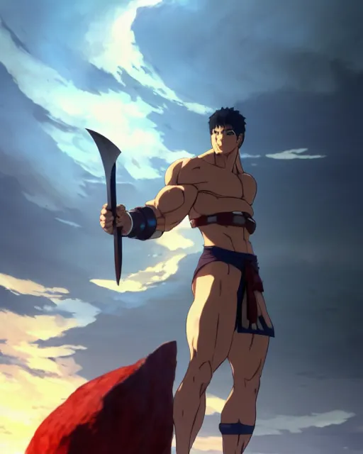 Prompt: strong muscular warrior with a greatsword, dramatic pose, square masculine facial features, short messy hair, intimidating appearance, 3 d octane render, unreal engine 5, ultra high detail, cel shaded, trending on pixiv fanbox, by greg rutkowski makoto shinkai takashi takeuchi studio ghibli, akihiko yoshida