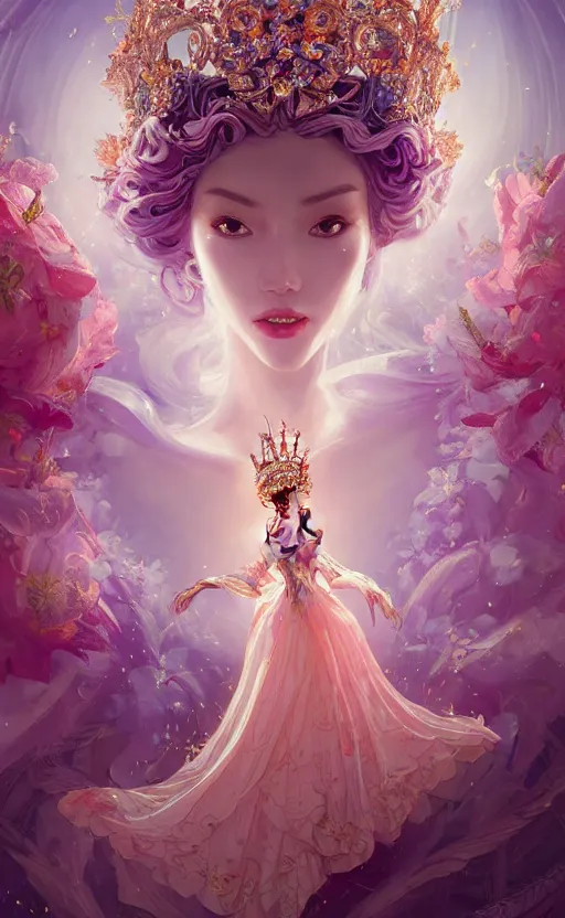 Image similar to A beautiful fantasy empress, highly detailed full body, breathtaking flower tiara, gorgeous aristocrat robe, beautiful figure, epic composition, ultra wide-shot, dynamic pose, concept art, beautifully lit, digital painting, smooth, character design, sharp focus, elegant, intricate, artstation, by WLOP and James Jean and Victo Ngai and Ryohei Hase