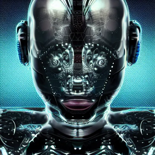 Image similar to an insanely detailed cibernetic artwork of a futuristic artificial intelligence superstar, extremely detailed water texture, centered image, perfectly symmetrical alien face, with frames made of detailed fractals, octane render, 4k, insanely detailed, detailed grid as background, cgi