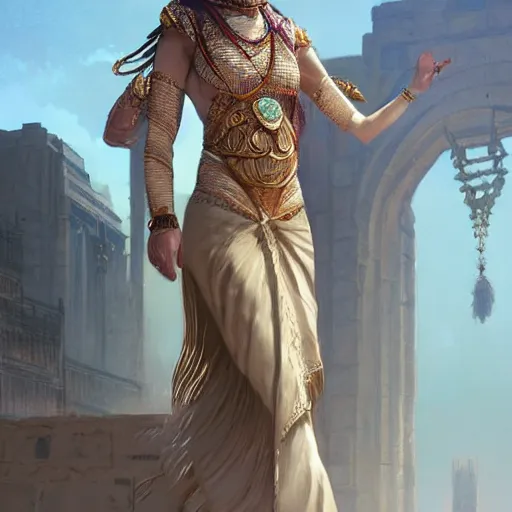 Image similar to A well dressed sumerian woman in a major Mesopotamian city, highly detailed, digital painting, artstation, concept art, sharp focus, illustration, cinematic lighting, art by artgerm and greg rutkowski and alphonse mucha