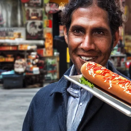 Image similar to closeup portrait of a shady snake oil salesman selling hotdogs in a smoky new york back street, by Annie Leibovitz and Steve McCurry, natural light, detailed face, CANON Eos C300, ƒ1.8, 35mm, 8K, medium-format print