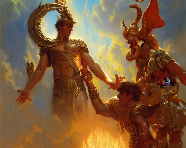 Image similar to attractive heroic male deity, casts magic, summoning handsome heroic lucifer morning star. highly detailed painting by gaston bussiere, craig mullins, j. c. leyendecker 8 k