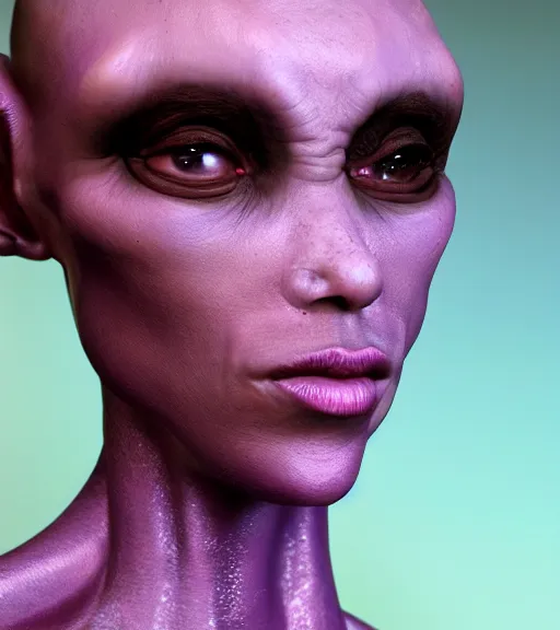 Image similar to realistic character portrait, ant alien, trending in artstation, purple color lighting