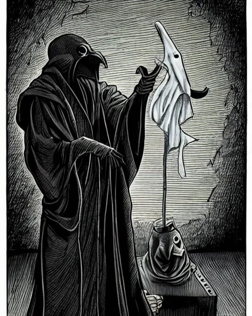 Image similar to a man in black hooded robes holding a plague doctor mask in hand, detailed art by greg rukowtski