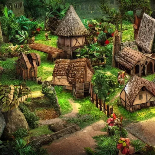 Prompt: a medieval village in a jungle,bright,hyper realistic