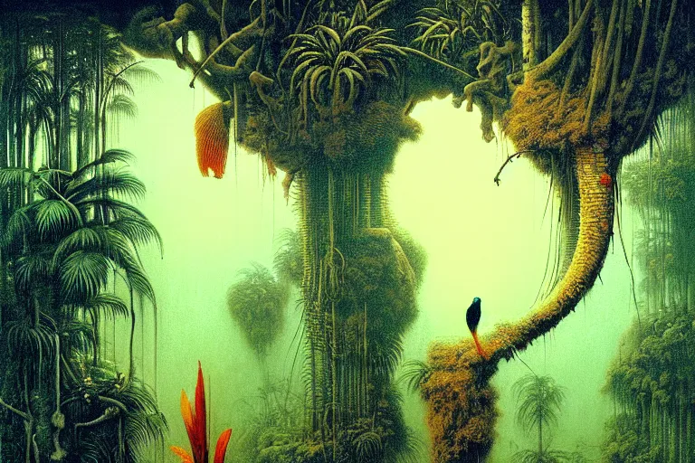 Prompt: jungle and tropical forest banana palm and tropical birds, in the style of beksinski, intricate and epic composition, white by caravaggio, insanely quality, highly detailed, masterpiece, white light, artstation, 4 k