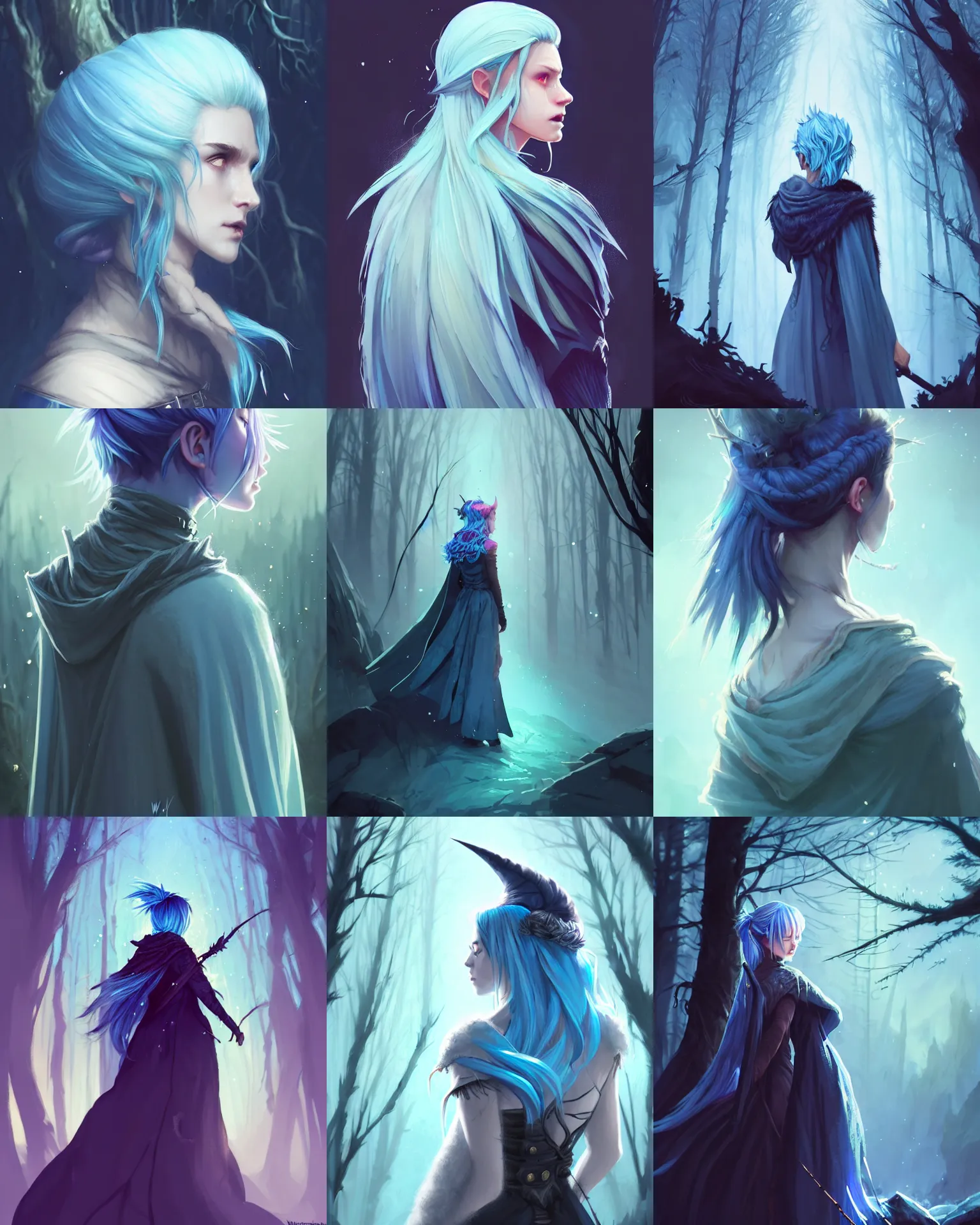 Prompt: cinematic back portrait rugged girl, adventurer outfit large cloak, fantasy forest landscape, supervillain sorceress witch, fantasy magic, undercut hairstyle, ice blue hair color, ice water magic, dark light night, intricate, elegant, sharp focus, illustration, highly detailed, digital painting, concept art, matte, art by WLOP and Artgerm and Greg Rutkowski and Alphonse Mucha, masterpiece