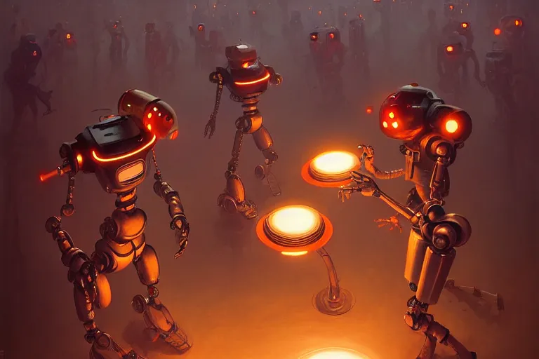 Prompt: robots dancing by otto dix and greg rutkowski and andreas rocha, cinematic lighting, warm colours, ultra realistic, unreal engine, trending on artstation, 4 k