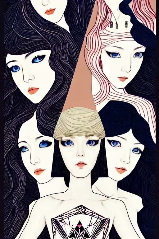 Image similar to triad of muses, representing the 3 winter!!! months of december, january and february, style mix of æon flux, shepard fairey, botticelli, john singer sargent, pre - raphaelites, shoujo manga, harajuku fashion, stark landscape, muted dark colors, superfine inklines, ethereal, 4 k photorealistic, arnold render