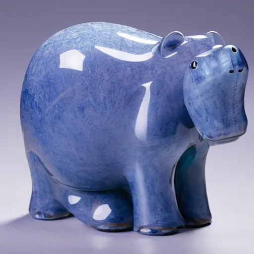 Prompt: a clear blue hippo statue with carved wooden legs