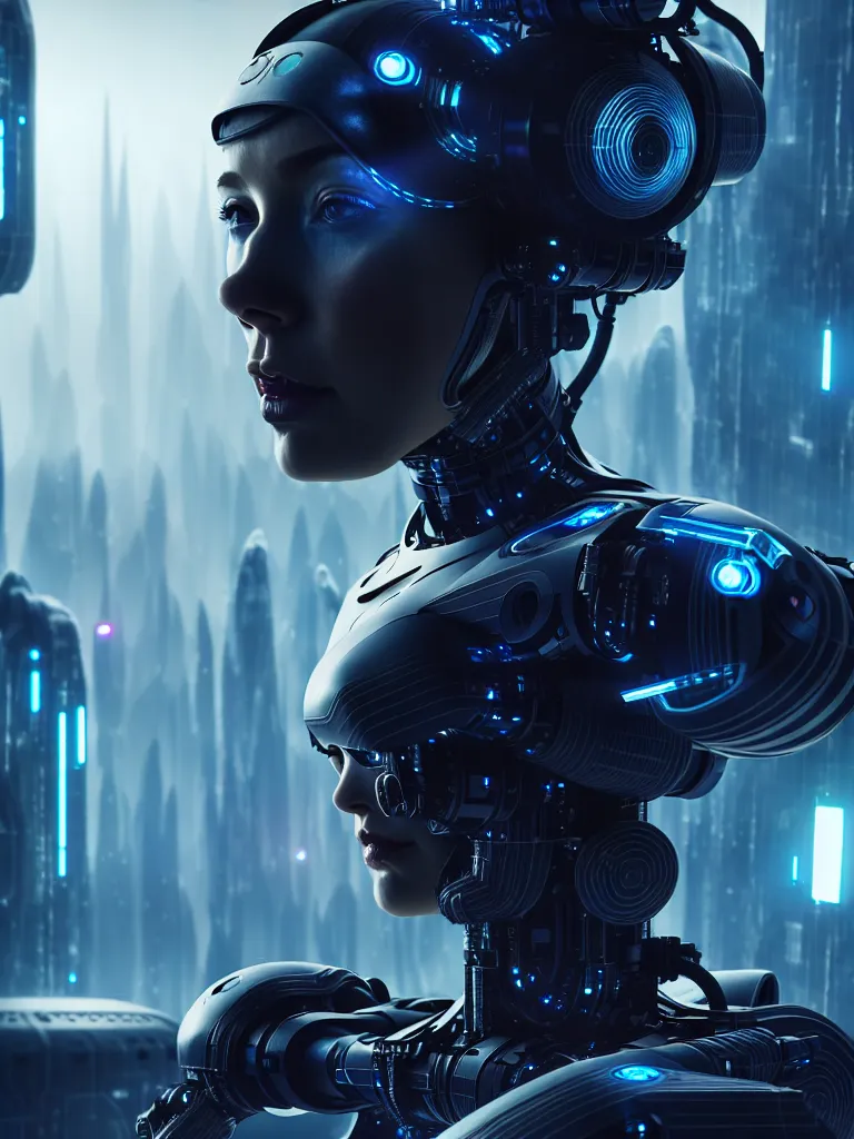 Image similar to ultra realistic, beautiful female cyborg lost in a space metropolis, sci-fi, cyberpunk, concept art, intricate details, eerie, highly detailed, octane render, 8k