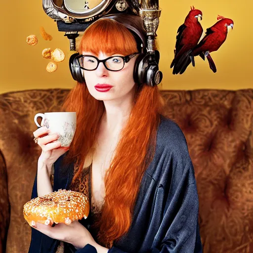 Prompt: a stunning hyper-detailed closeup portrait photo of a beautiful woman with long ginger hair and bangs, wearing a luxurious robe and retro eyeglasses, wearing steampunk headphones and posing with her handsome ginger tabby cat and raccoons and parrots in an overstuffed easy chair in her sunlit victorian living room, holding a parrot-shaped coffee mug and a donut and smoking an elaborate hookah, perfect eyes, octane render, unreal engine, 85 mm lens,