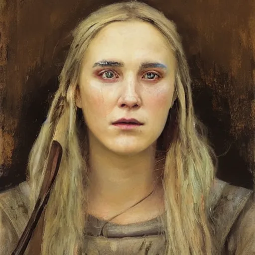 Image similar to Richard Schmid and Jeremy Lipking portrait painting of A shield-maiden (Old Norse: skjoldmø [ˈskjɑldˌmɛːz̠]) was a female warrior from Scandinavian folklore and mythology. Shield-maidens are often mentioned in sagas such as Hervarar saga ok Heiðreks and in Gesta Danorum. They also appear in stories of other Germanic peoples: Goths, Cimbri, and Marcomanni.[1] The mythical Valkyries may have been based on such shield-maidens.[ full-figure