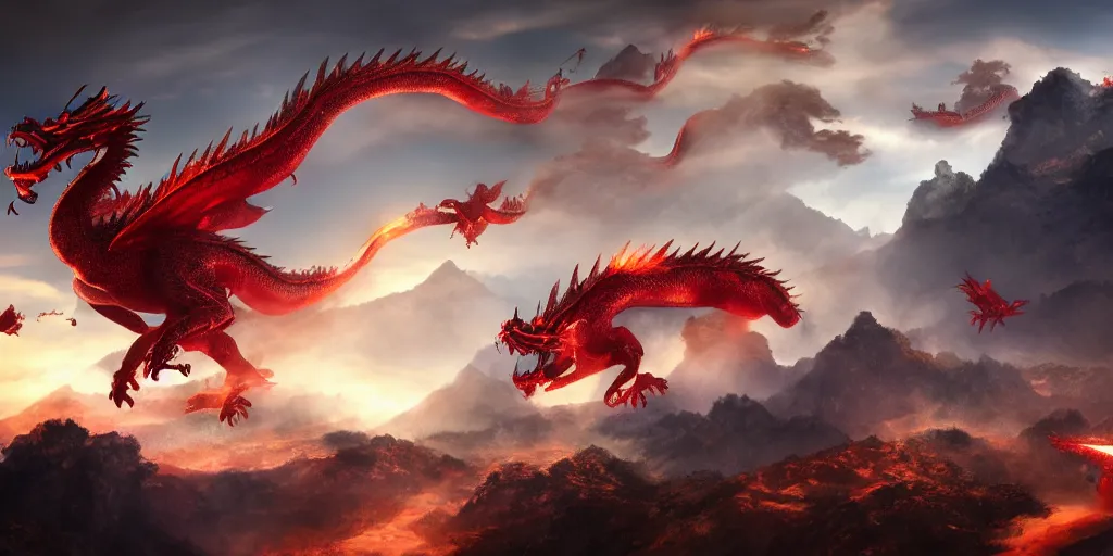Prompt: two giant chinese dragons flying across the mountains fighting to the death, trending on artstation, digital art, fog, sun flare, fire, blood, rain, cut, bleeding, firebreathing, death