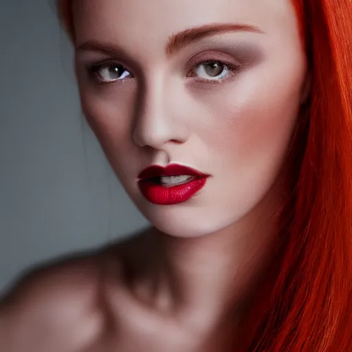 Image similar to a beautiful woman with red hair, close - up photography, studio lighting