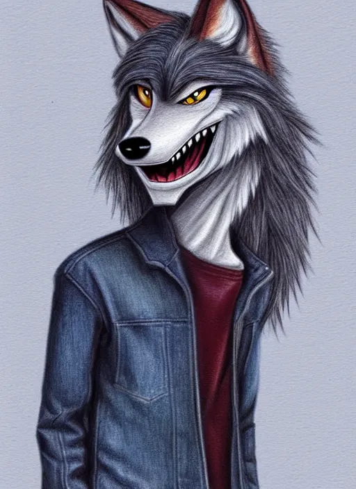 Image similar to expressive stylized master furry artist digital colored pencil painting full body portrait character study of the wolf ( sergal ) small head big eyes toon fursona animal person wearing clothes jacket and jeans by master furry artist blotch