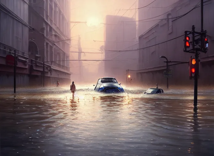 Image similar to cars driving through shallow water, flooded city, people walking through shallow water, muted colors, highly detailed, hyperrealistic, oil painting, intricate, cgsociety, artstation, 8 k, cinematic, soft lighting, by greg rutkowski, by wlop, by artgerm