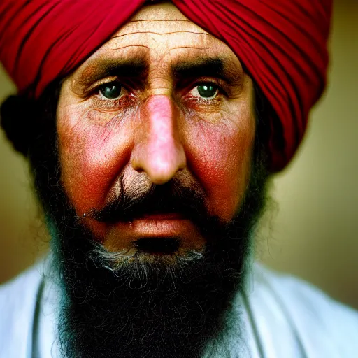 Image similar to portrait of president millard fillmore as afghan man, green eyes and red turban looking intently, photograph by steve mccurry