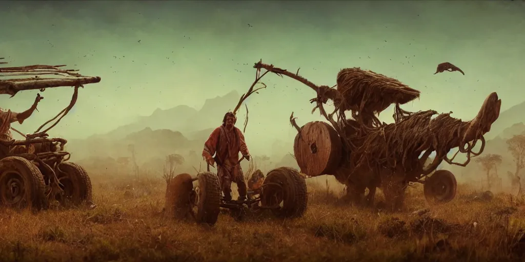 Image similar to photo of an ancient tribesman on ancient atv with big wooden wheels, hunting perfect buffalo ,attacking, wild chase, action scene, an epic fantasy, dramatic lighting, cinematic, establishing shot, extremely high detail, photorealistic, cinematic lighting, artstation, octane render, by simon stalenhag, horizon forbidden west,old photo, high speed photography, vintage