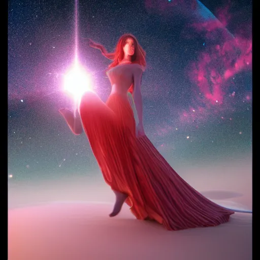 Prompt: A beautiful woman with long, flowy hair standing on a rock, witnessing two planets colliding in space. trending on artstation, artstation futurism, artstation photography, subsurface scattering, bottom view, 4k, 8k