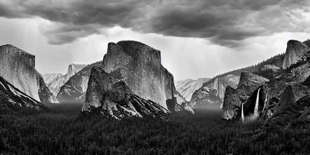 Prompt: yosemite national park during a thunder storm award winning photography by ansel adams