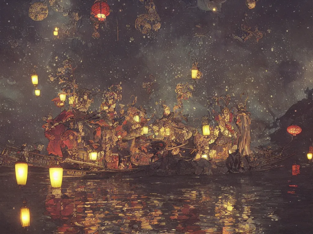 Prompt: view from the river of a beautiful painting of the lantern festival in a an ancient japanese town, at night with a sky full of stars, intricate, elegant, highly detailed, digital painting, artstation, concept art, by krenz cushart and artem demura and alphonse mucha