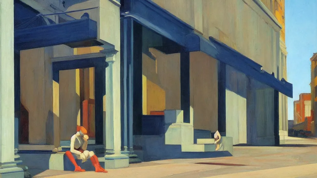 Prompt: Street art. paralyzed by the indescribable beauty of the cosmos. facade of the entrance to the art gallery exhibition. art style by Edward Hopper daring, incredible