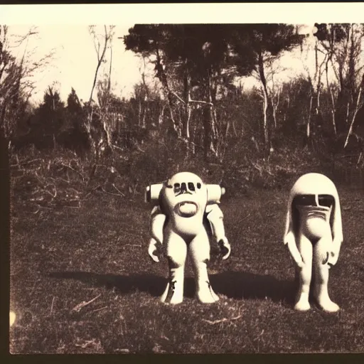 Image similar to polaroid photograph of horrorific extraterrestrial beings visiting earth, 1 9 5 0