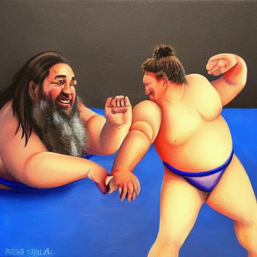 Image similar to oil painting of richard stallman sumo wrestling with bill gates, trending on artstation